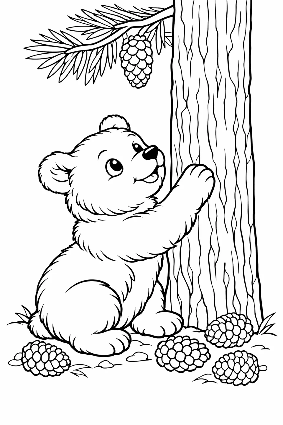 Brown bear cub at the base of a tall pine tree with one paw on the bark, looking upward with pinecones scattered on the ground