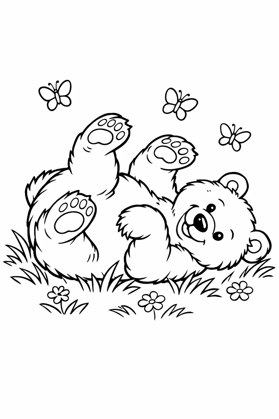 Brown bear lying on its back in a grassy field with all four paws raised in the air and butterflies hovering nearby
