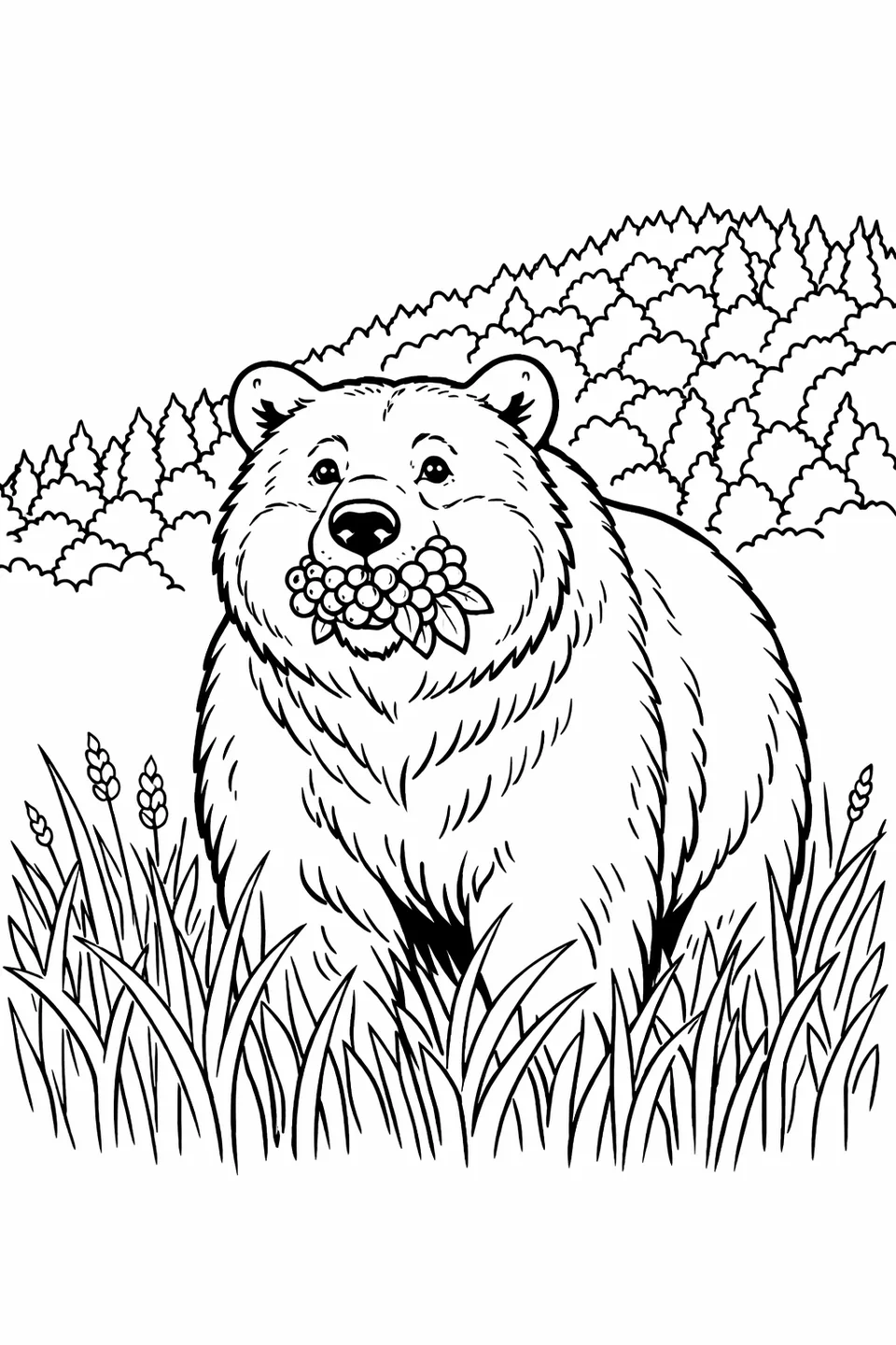 Brown bear standing in tall autumn grass with cheeks puffed full of berries and a hillside of orange and yellow trees in the background