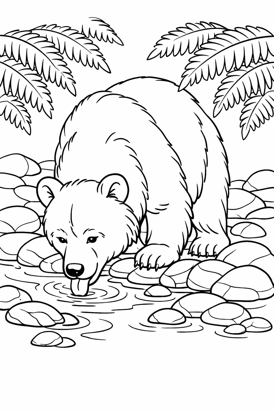 Brown bear bending low over a small forest stream with its tongue touching the water, smooth stones and overhanging ferns visible