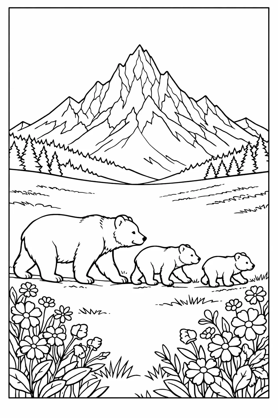 Three brown bears walking single file across an alpine meadow with wildflowers on both sides and a snow-capped mountain peak in the distance