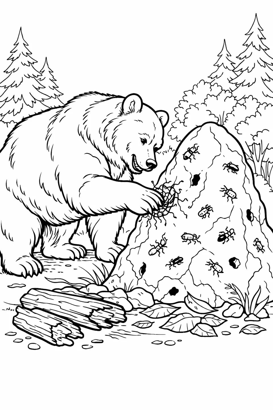 Brown bear pawing at a large termite mound in a forest clearing with insects on the surface and broken logs on the ground around it