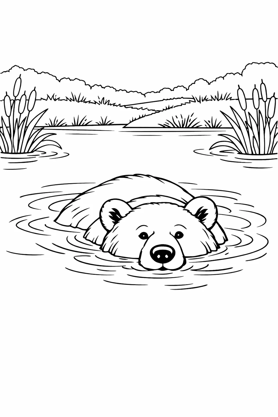 Brown bear swimming across a wide calm river with its head and back above the water surface and a grassy reed-lined bank on the far shore