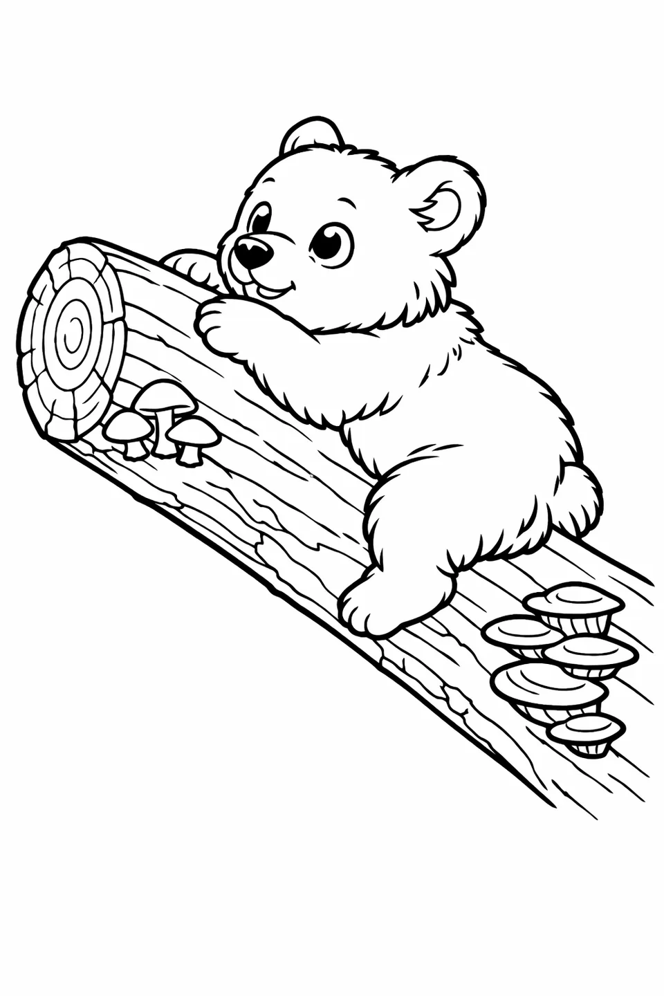 Brown bear cub with hind legs hanging as it climbs up a thick fallen log covered in mushrooms