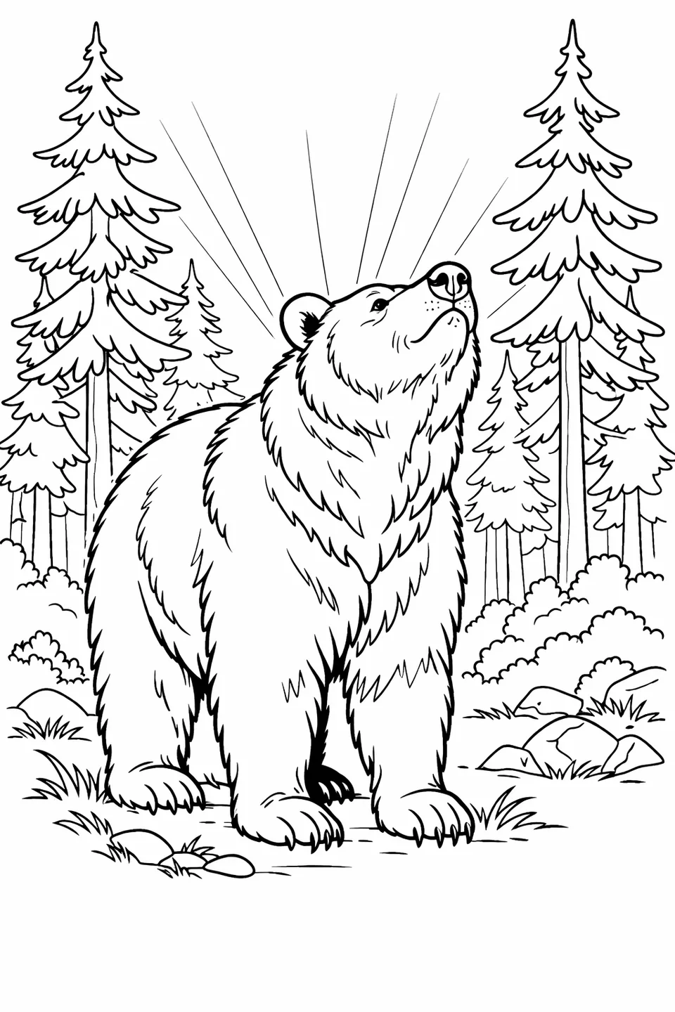 Brown bear standing in a foggy spruce forest with nose raised and nostrils flared, misty light filtering through the trees