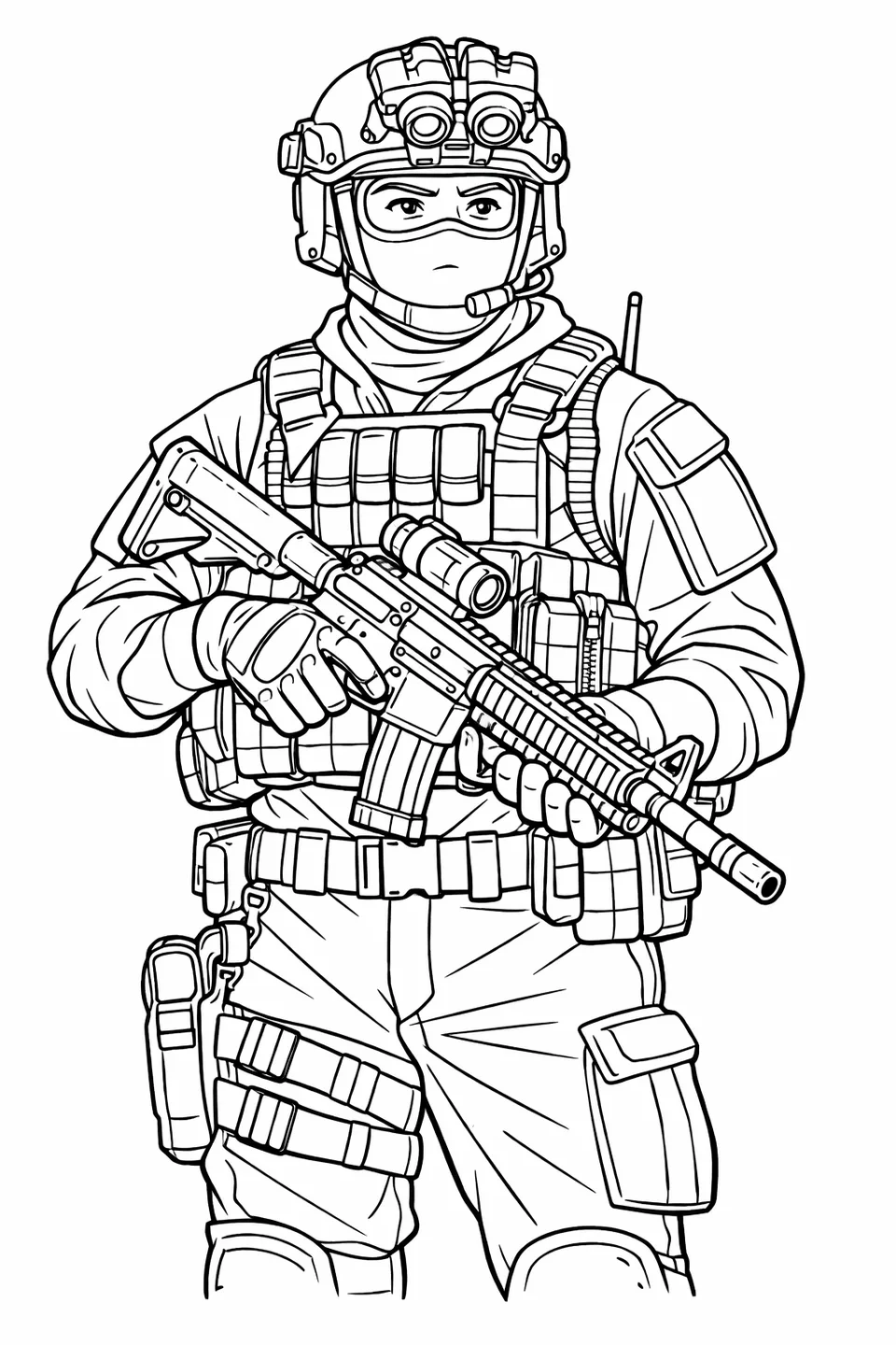 Line drawing of a soldier in helmet, chest rig, and tactical gear holding an assault rifle at low ready