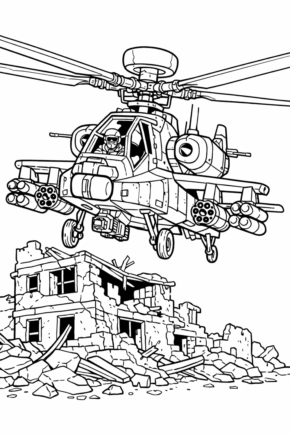 Line drawing of a military attack helicopter with missile pods flying past a ruined building