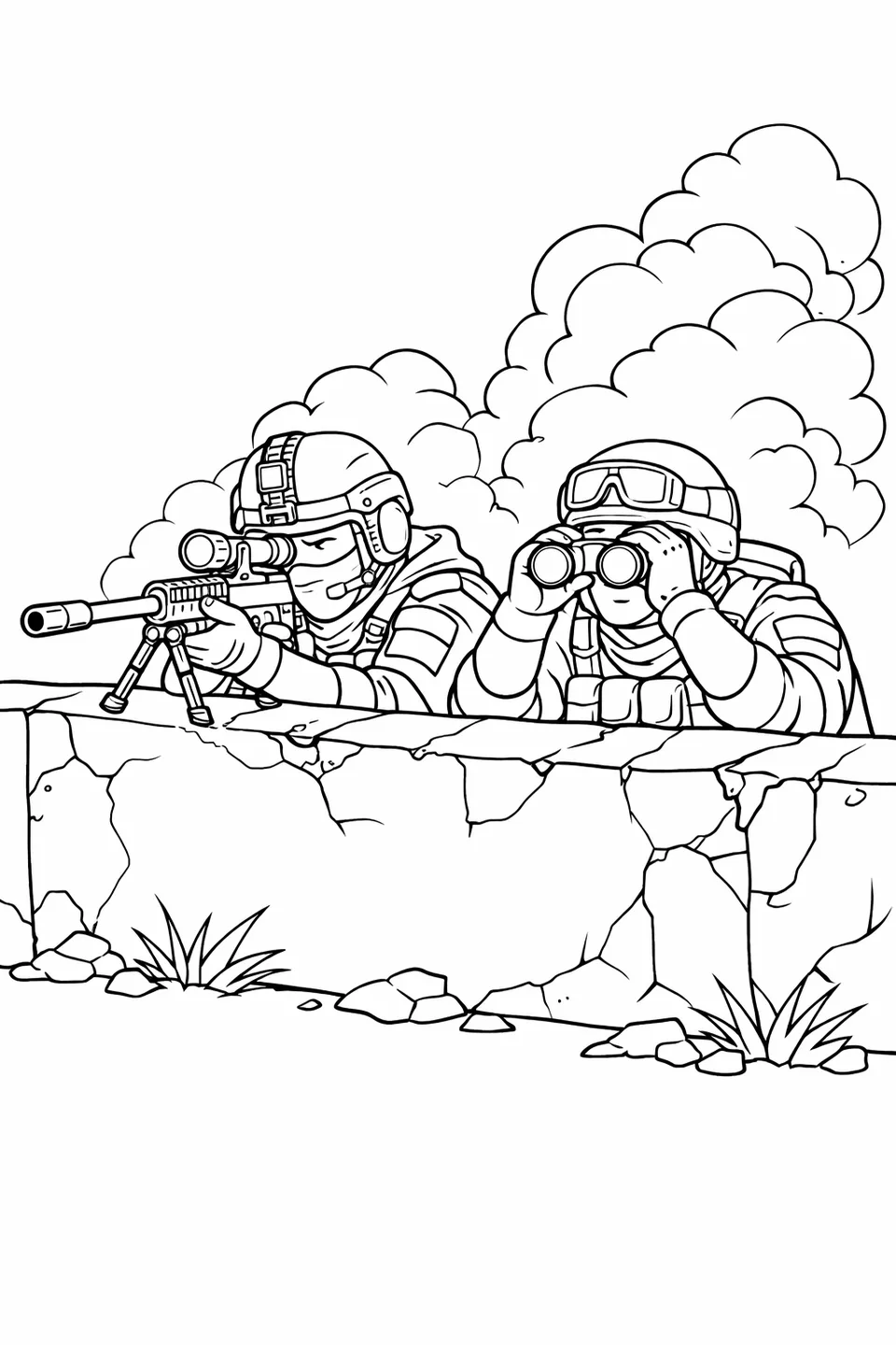 Line drawing of two soldiers crouching behind a concrete wall, one with a sniper rifle and one with binoculars