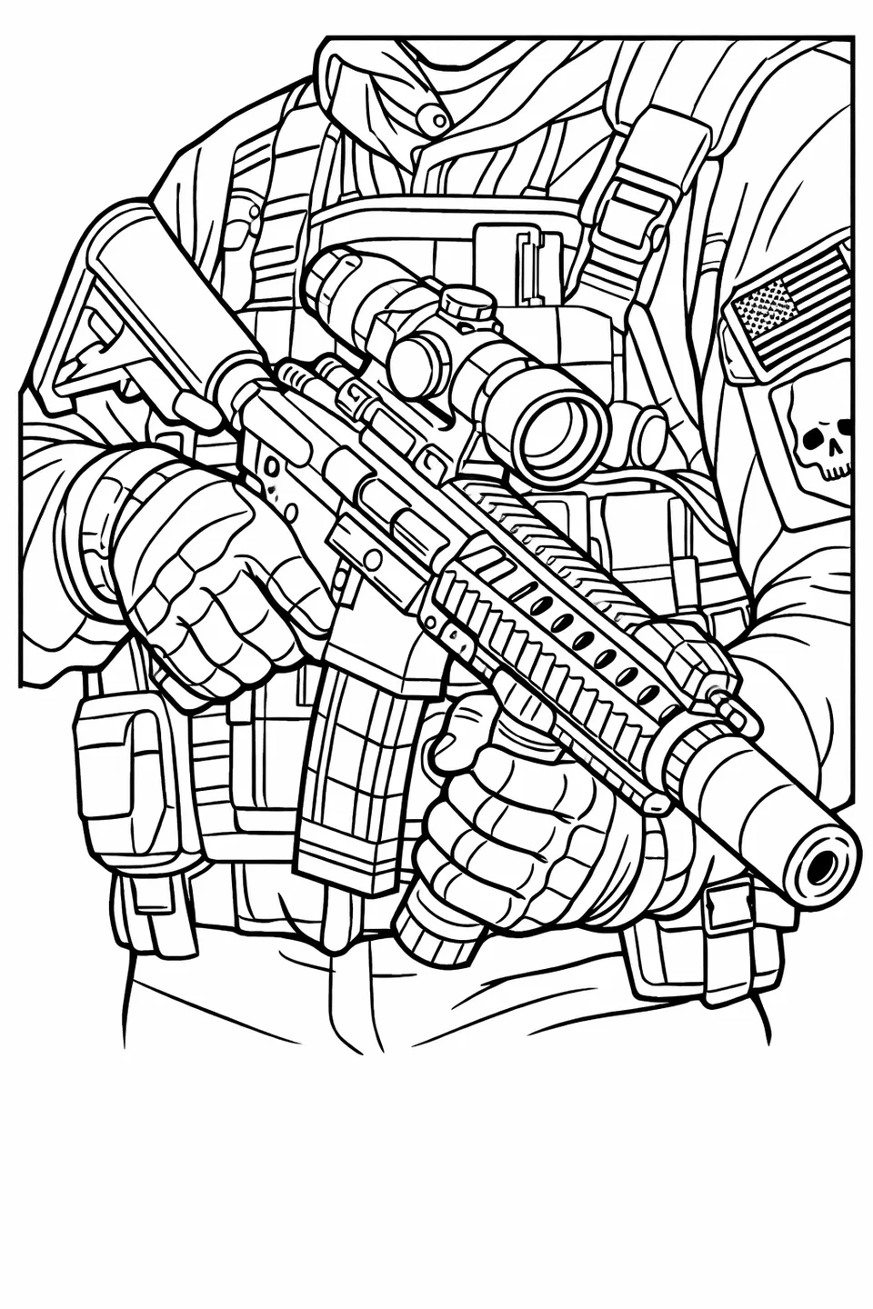 Line drawing close-up of gloved hands holding a scoped assault rifle with suppressor and foregrip
