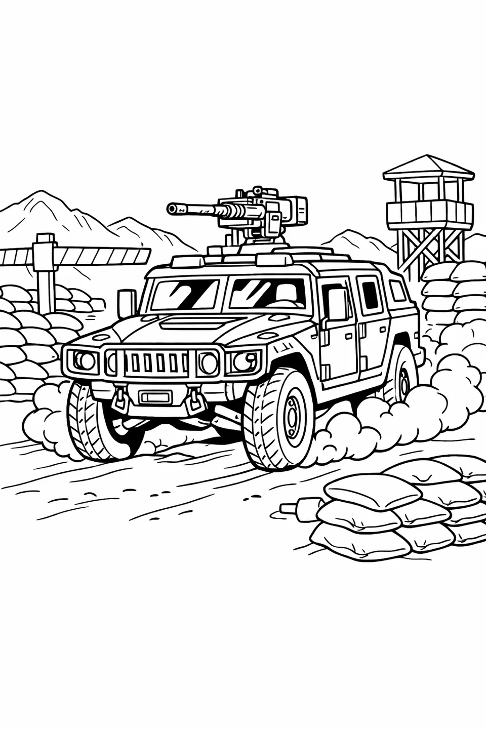 Line drawing of an armored military SUV with a roof gun turret passing through a desert checkpoint with sandbags