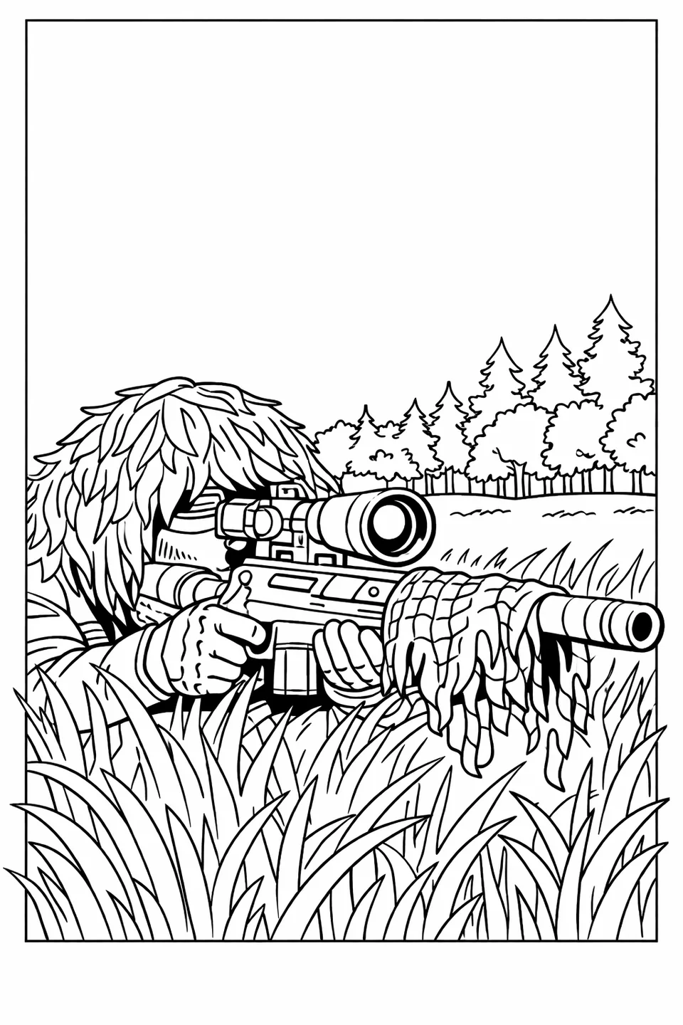 Line drawing of a soldier in a ghillie suit lying prone in tall grass aiming a sniper rifle toward a tree line
