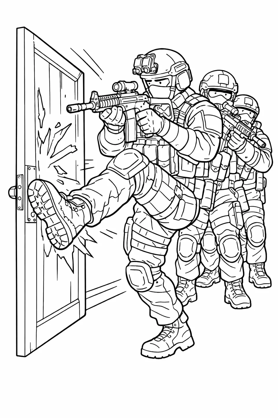 Line drawing of four soldiers in a breach stack formation with the lead kicking open a door in a corridor