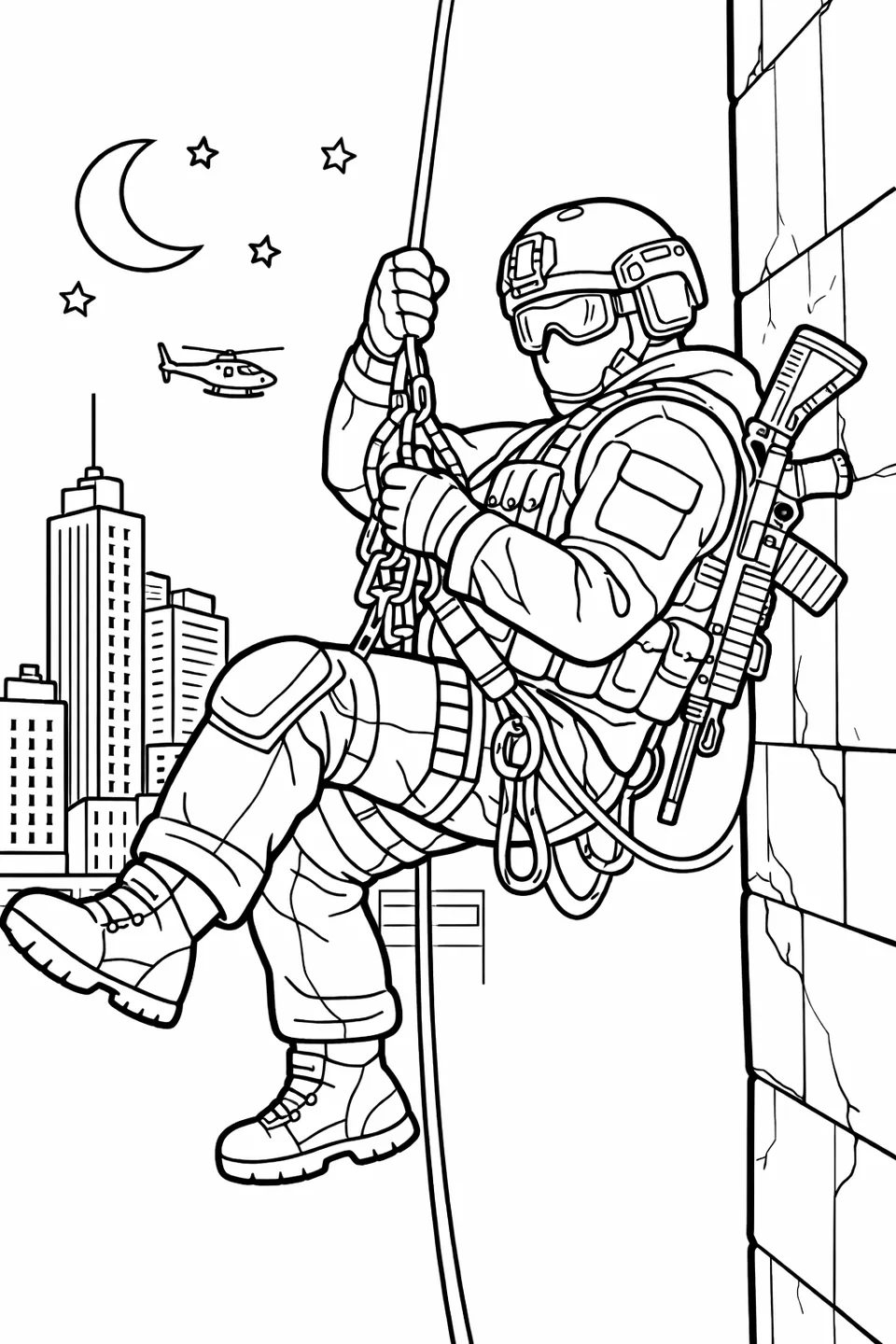Line drawing of a soldier rappelling down the side of a tall building with a city skyline in the background