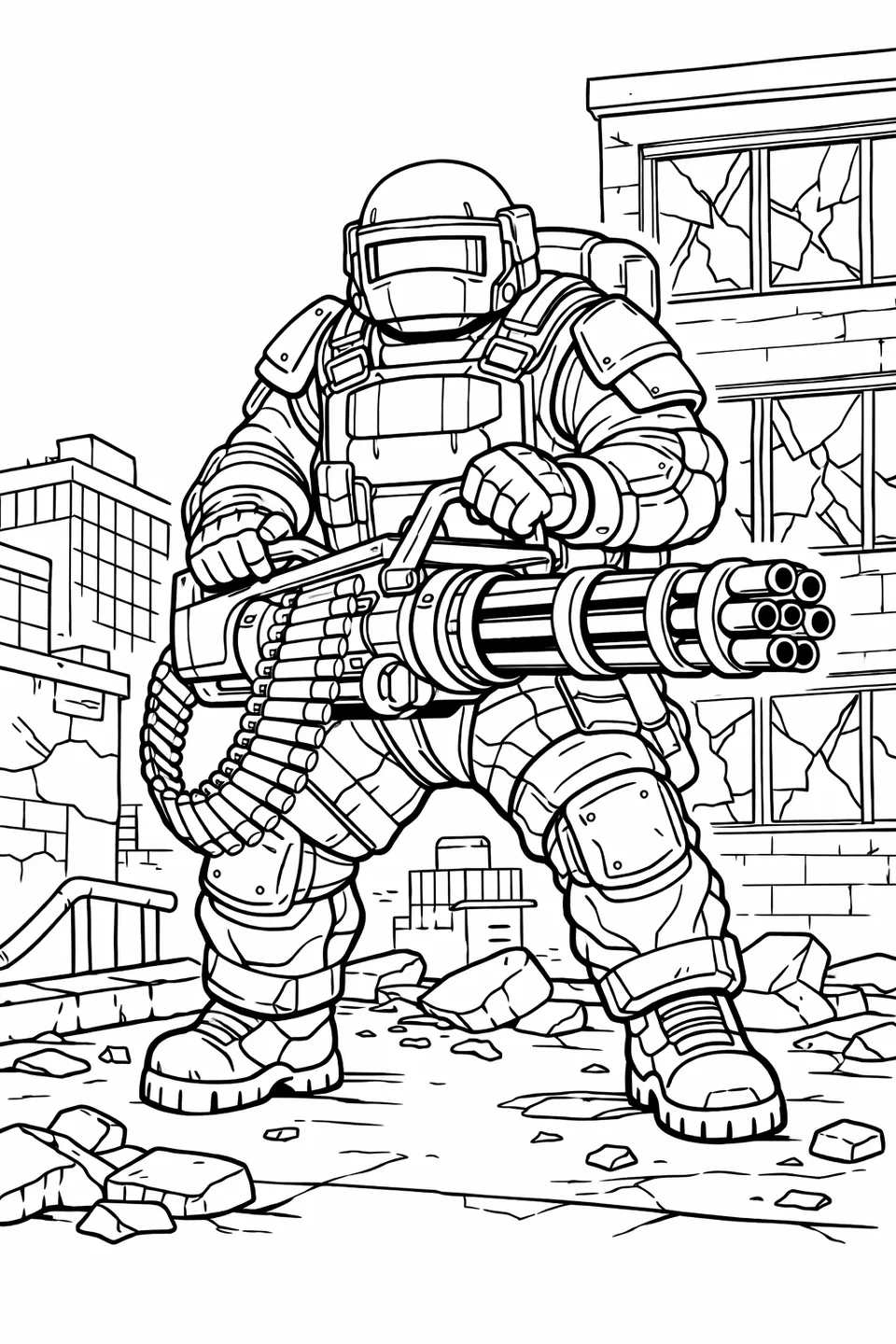 Line drawing of a heavily armored juggernaut soldier holding a minigun on a rooftop surrounded by rubble