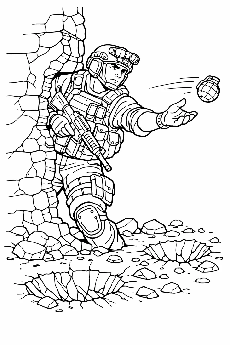 Line drawing of a soldier pressing against a stone wall and throwing a grenade around the corner