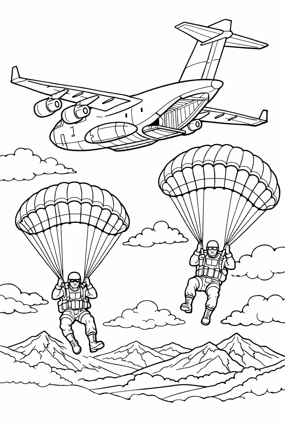 Line drawing of two soldiers parachuting from the open ramp of a military cargo plane above mountainous terrain