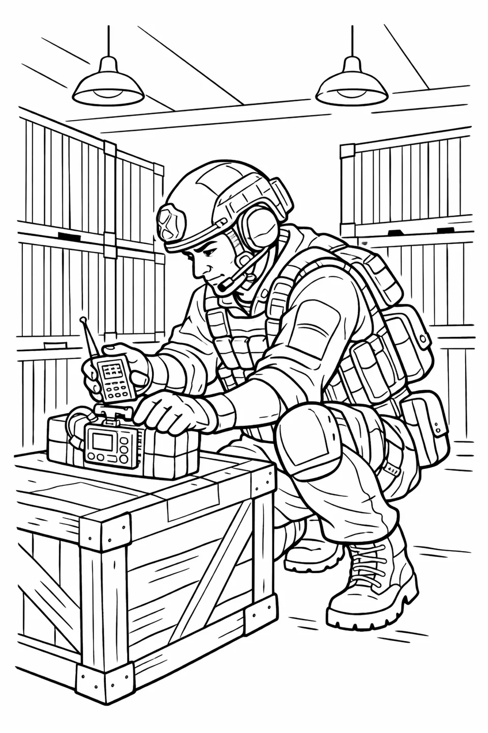 Line drawing of a soldier crouching to plant an explosive device on a crate inside a warehouse with stacked containers