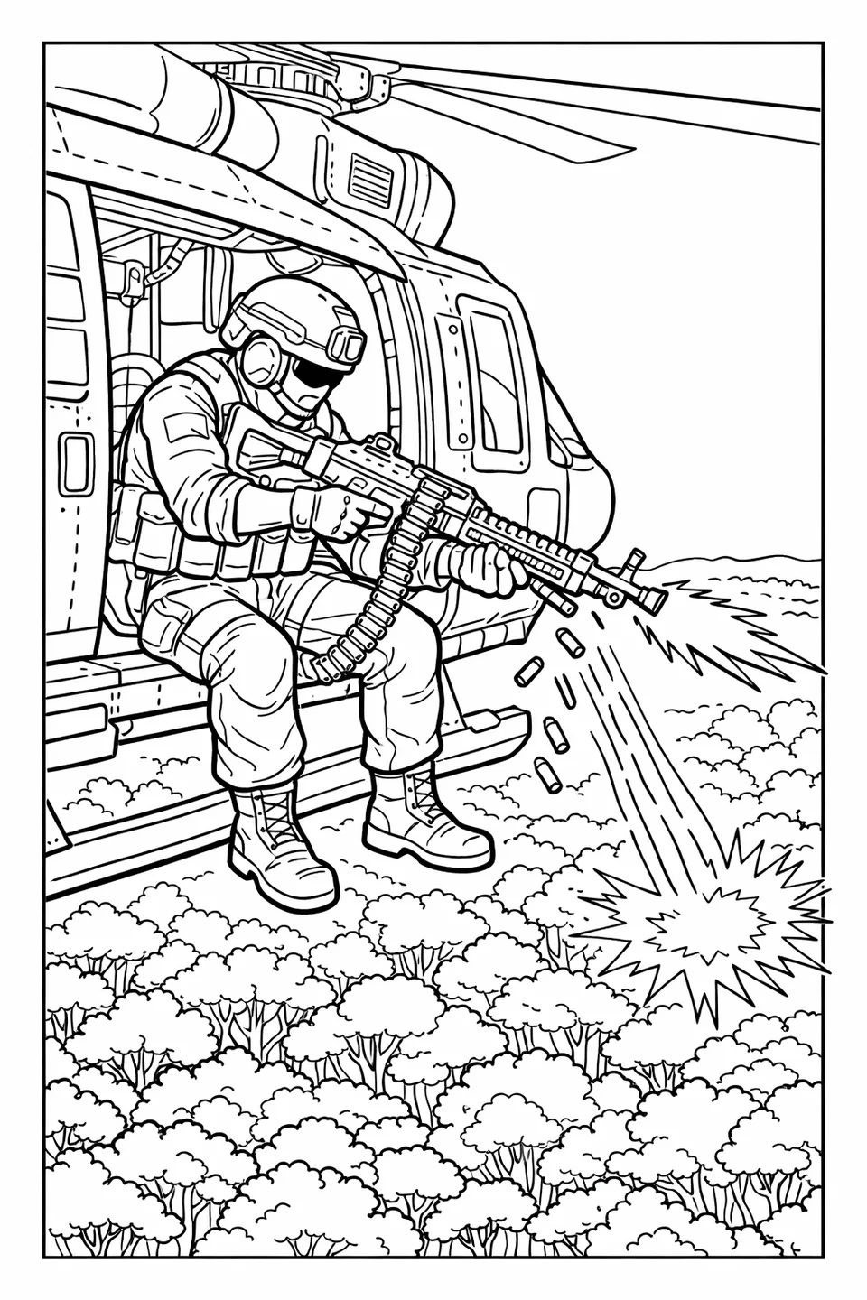 Line drawing of a soldier sitting in an open helicopter door firing a machine gun over a jungle canopy