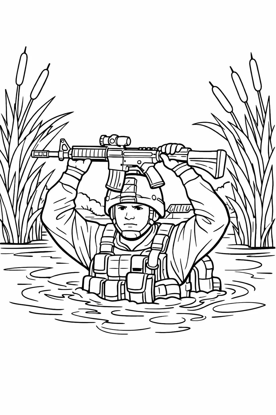 Line drawing of a soldier wading through a shallow river with a rifle held above their head and a bridge in the background