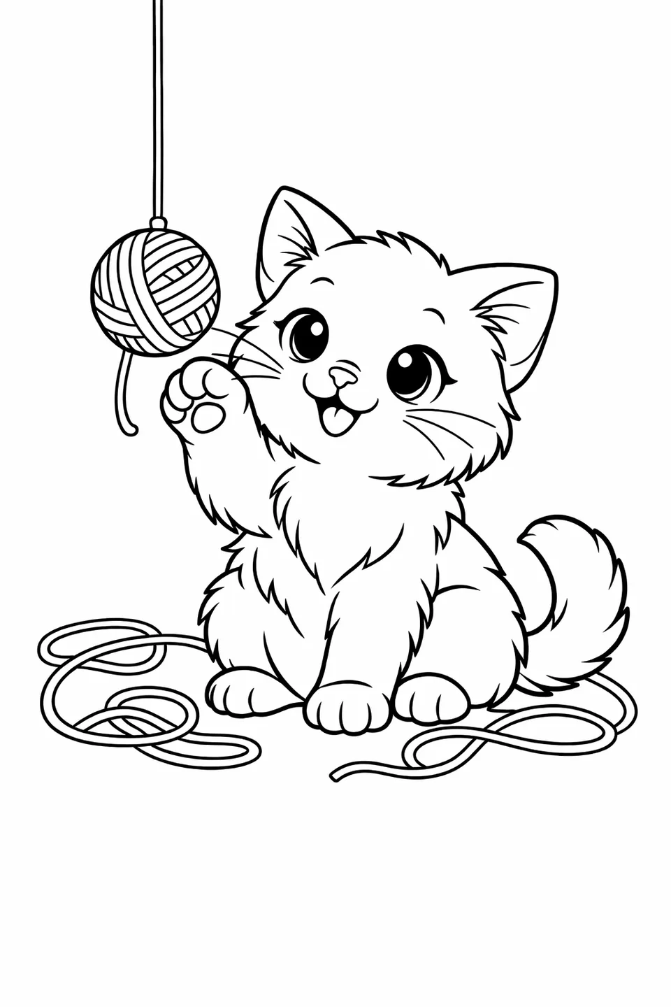 Kitten sitting upright and swatting at a ball of yarn with loose strands on the floor