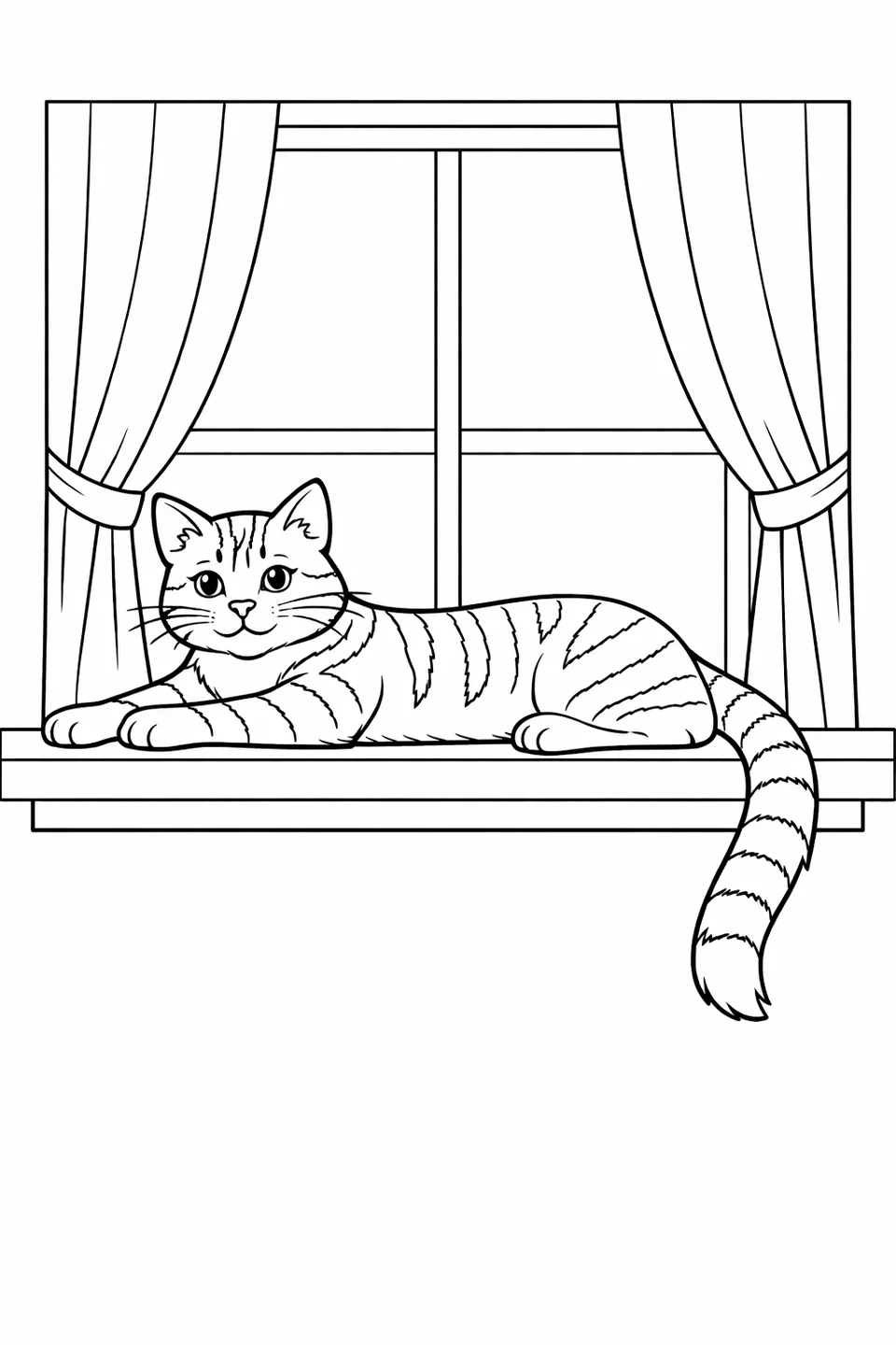 Tabby cat stretched out on a windowsill with its tail hanging over the edge and curtains on both sides