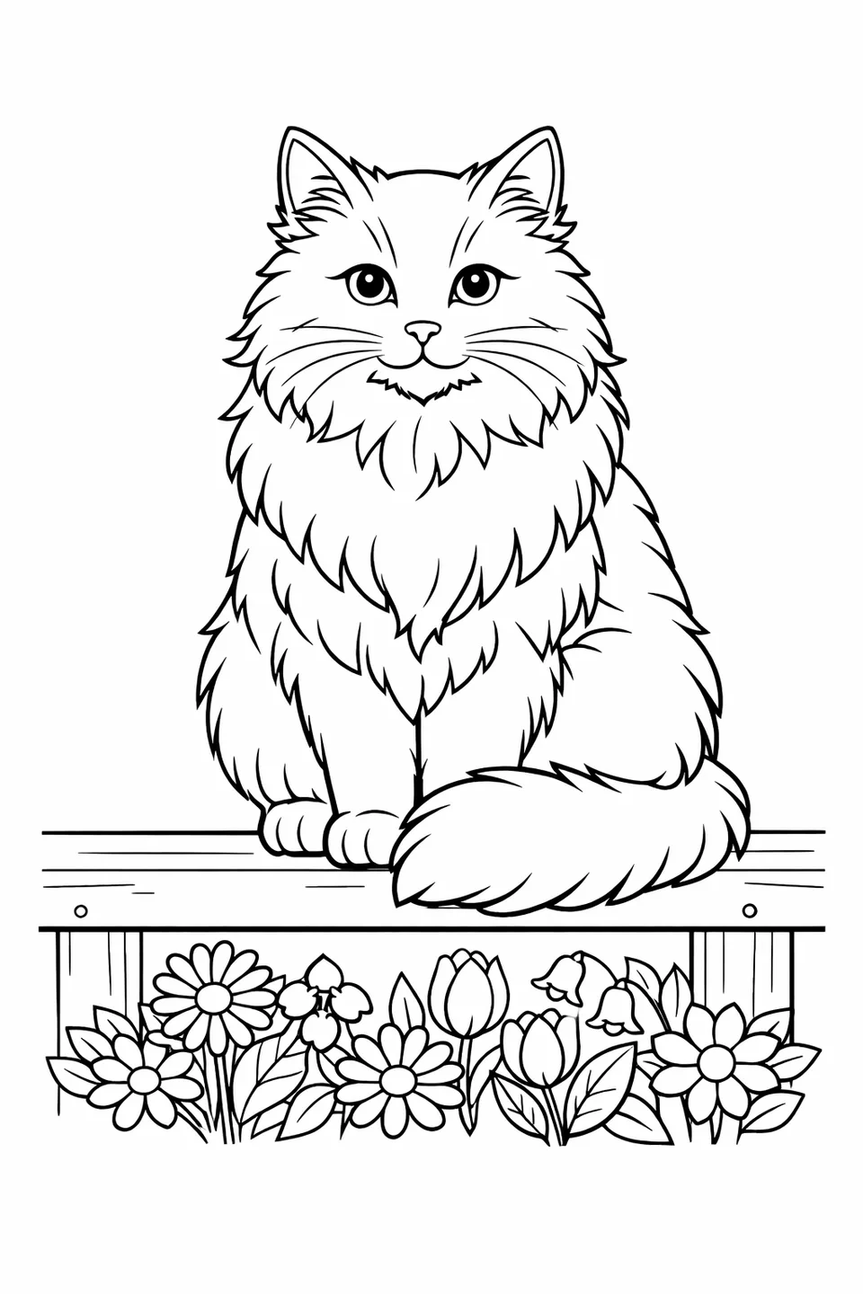 Long-haired cat sitting on a fence with its tail around its paws and flowers below