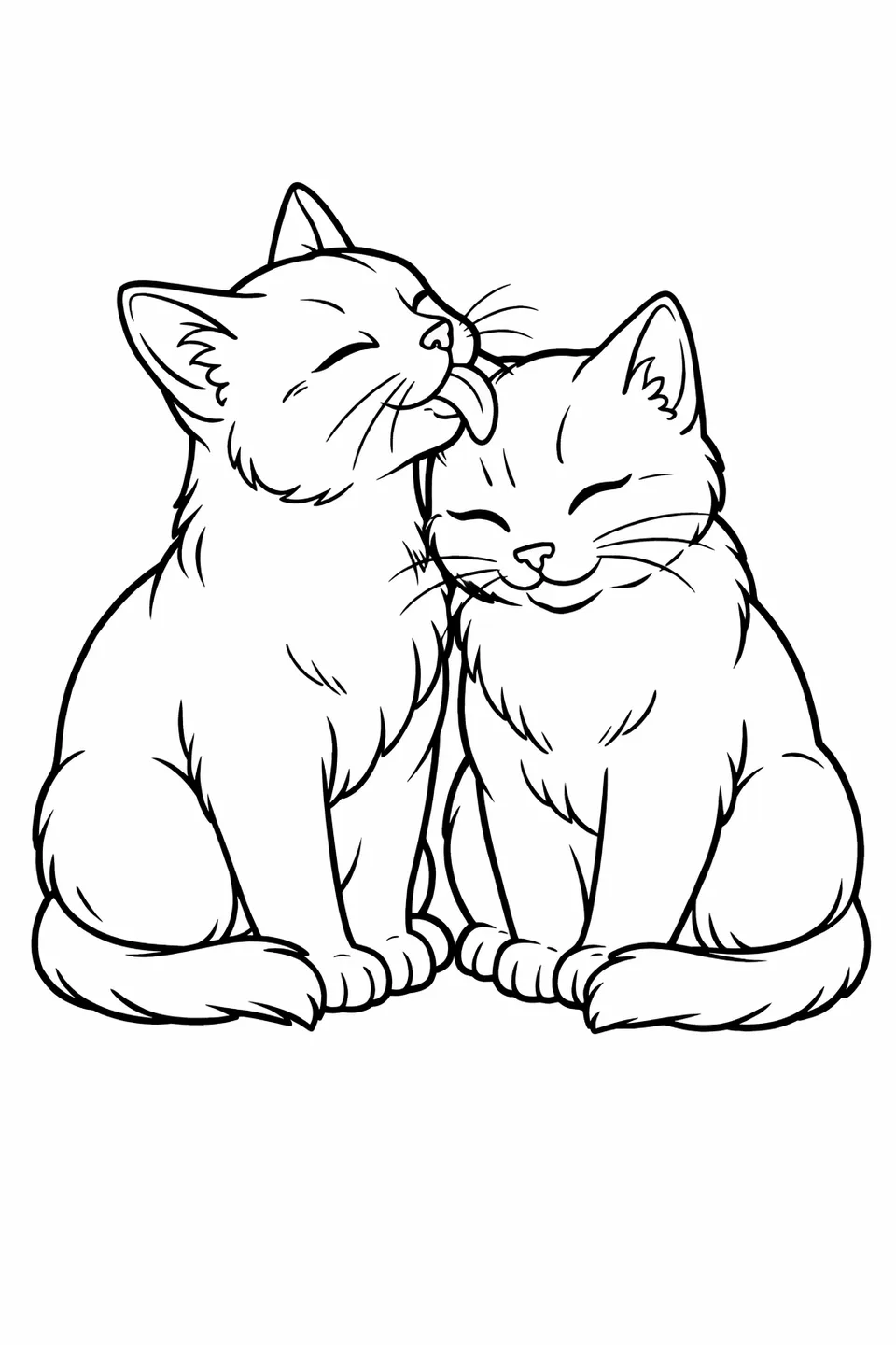 Two cats sitting close together, one licking the other's head