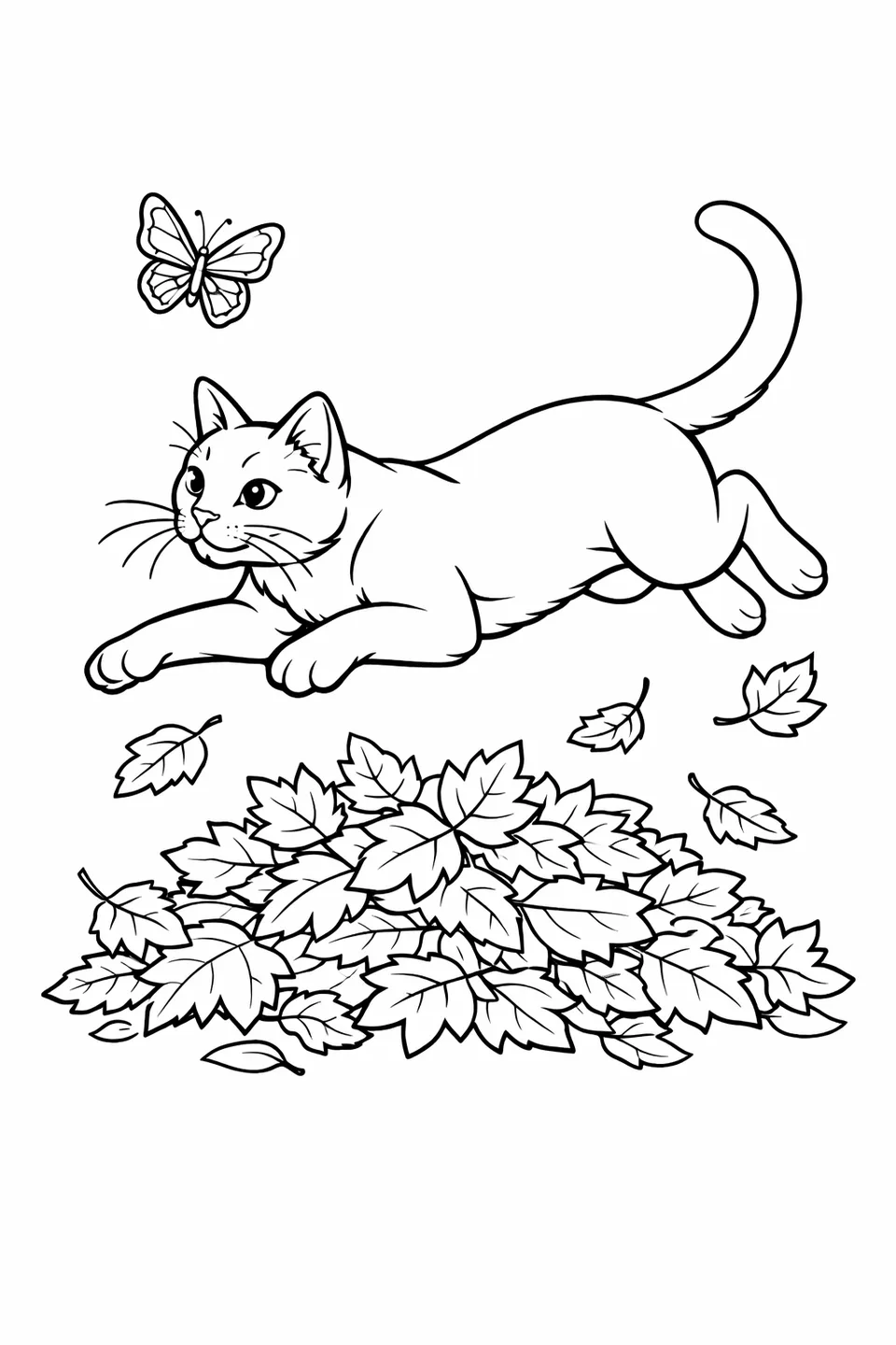 Short-haired cat leaping through autumn leaves with all paws off the ground chasing a butterfly