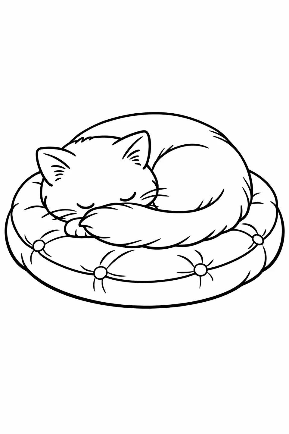 Cat curled tightly on a round cushion with its nose tucked under its tail