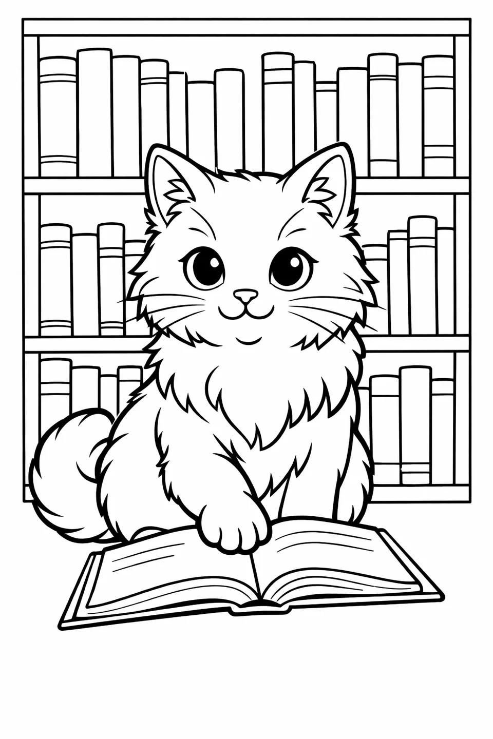 Cat sitting in front of a bookshelf with one paw on an open book on the floor