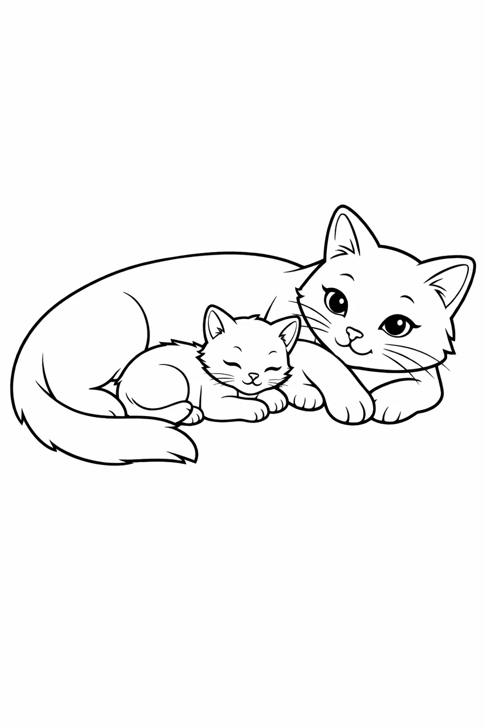 Mother cat lying on her side with two small kittens nestled close against her