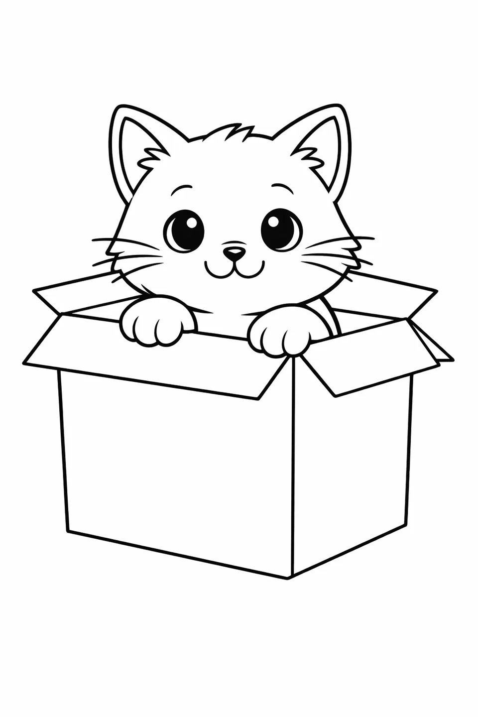 Cat sitting inside a cardboard box with head above the edge and paws resting on the rim