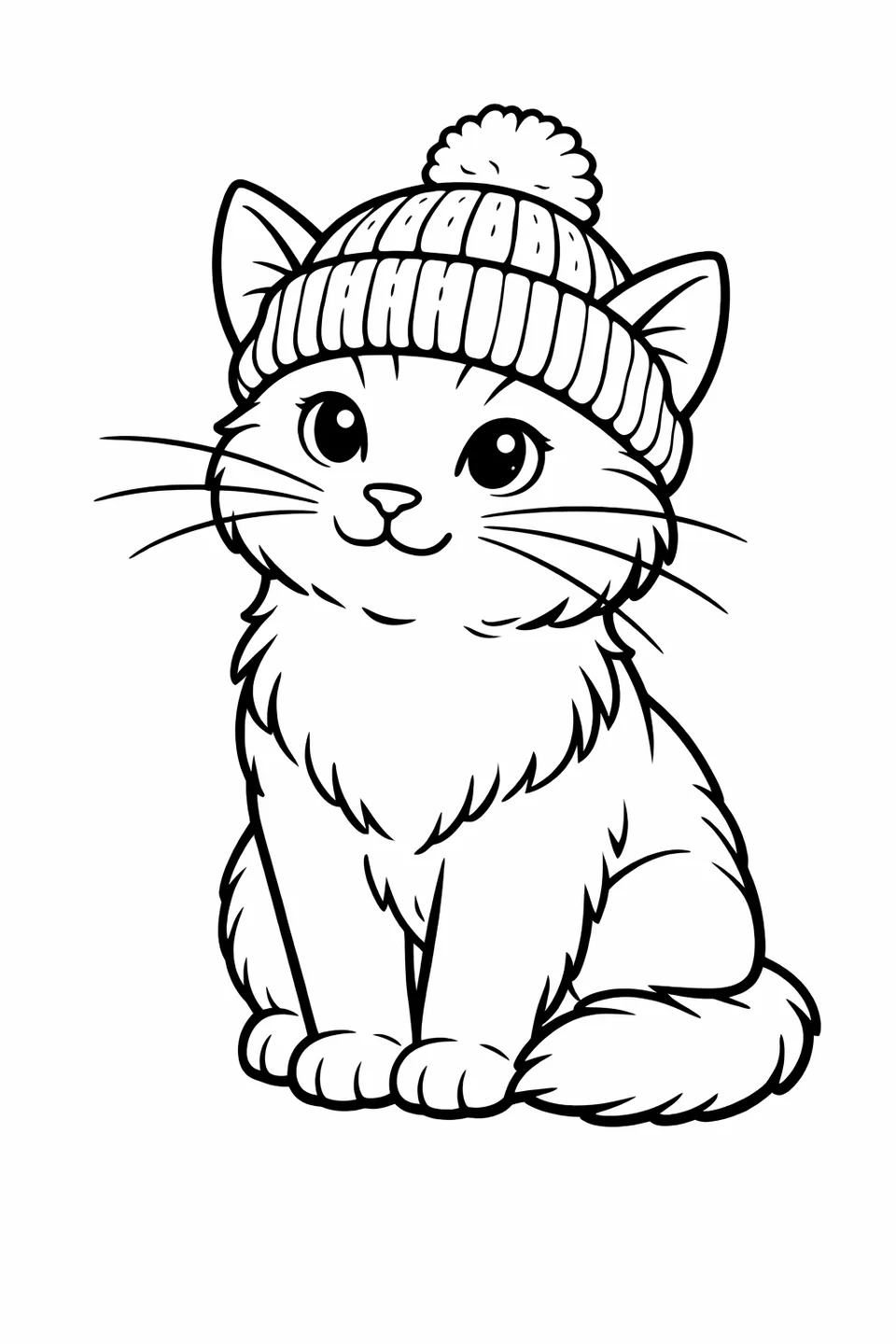 Cat sitting upright wearing a small knitted hat with whiskers spread wide and gaze turned to one side