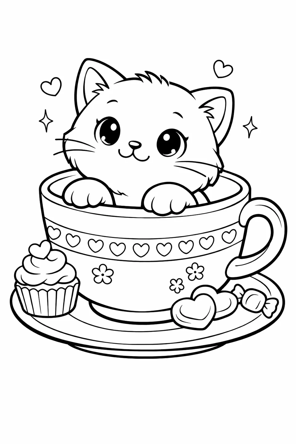 Kitten sitting inside a large teacup with paws over the rim and wide eyes looking up