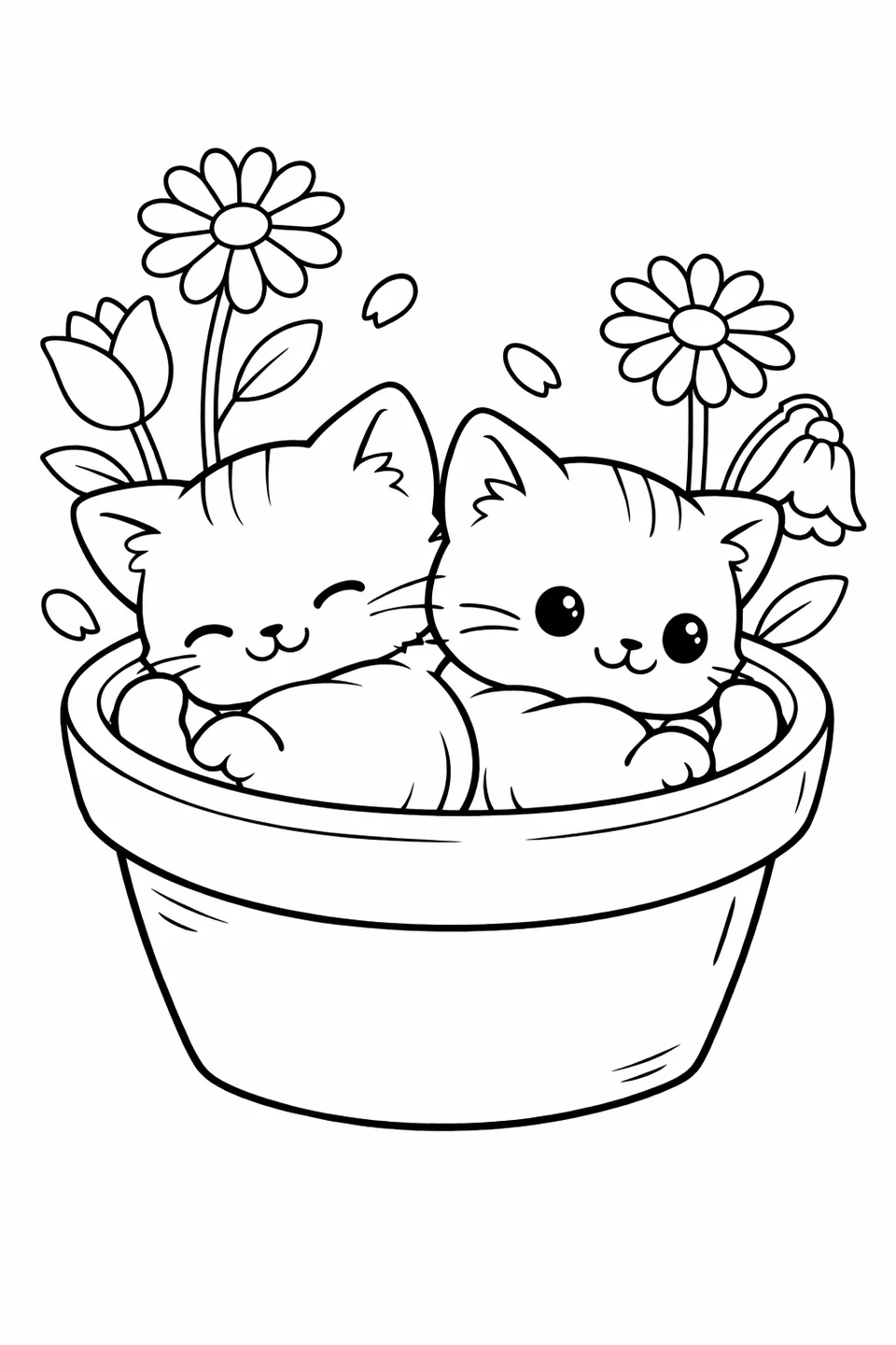 Two kittens curled together inside a flower pot with flower stems rising around them