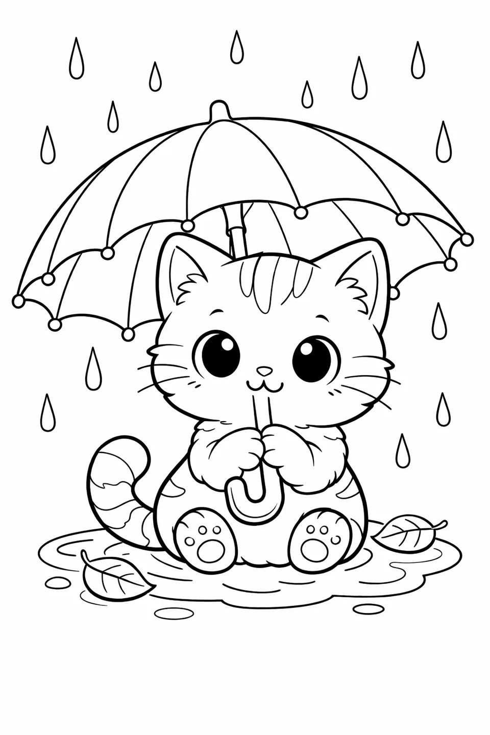 Kitten sitting under an open umbrella holding the handle with both paws while rain falls around it