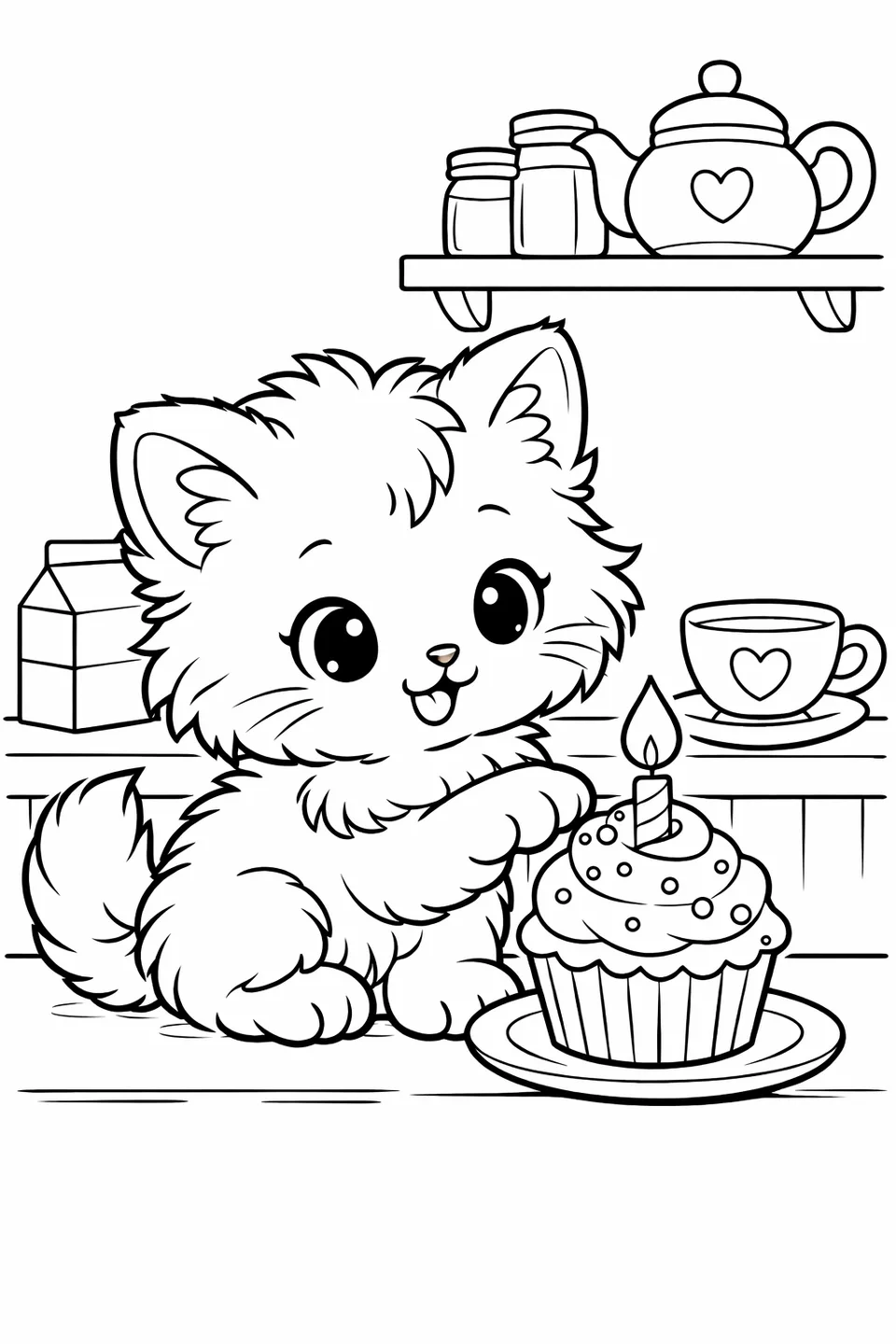 Fluffy kitten sitting next to a frosted cupcake with a candle, one paw reaching toward the frosting