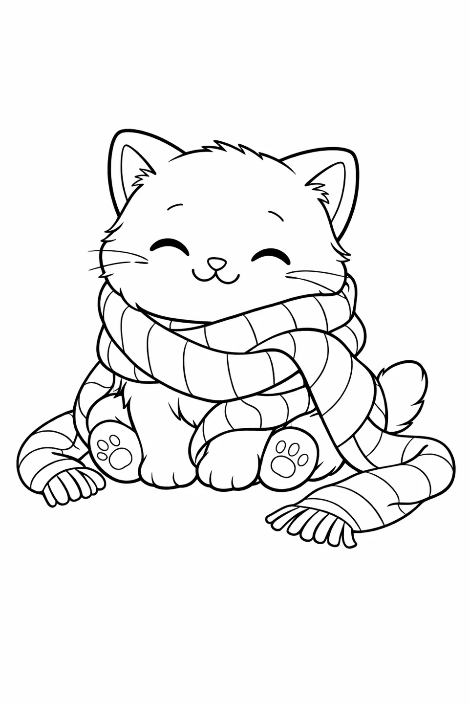 Chubby kitten sitting with a striped scarf looped around its neck and trailing on the floor