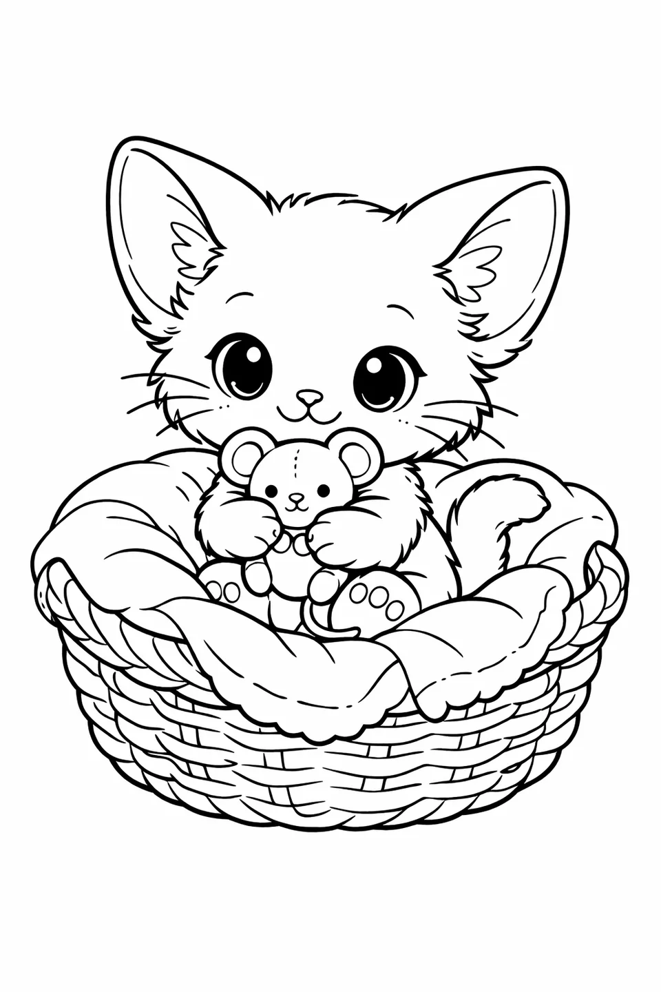 Big-eared kitten sitting in a wicker basket and hugging a small stuffed mouse toy with both paws