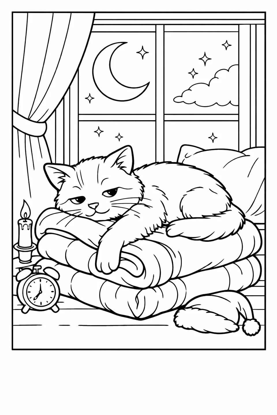 Cat sprawled on a folded blanket with half-closed eyes and a crescent moon visible through the window behind it