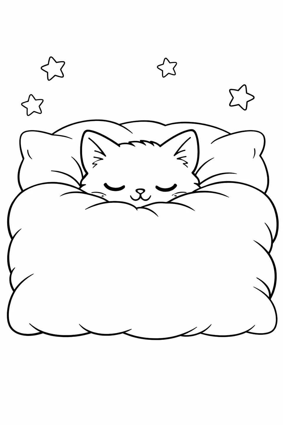 Kitten nestled into a large pillow with only its sleepy face and ears visible above the edge and stars in the background