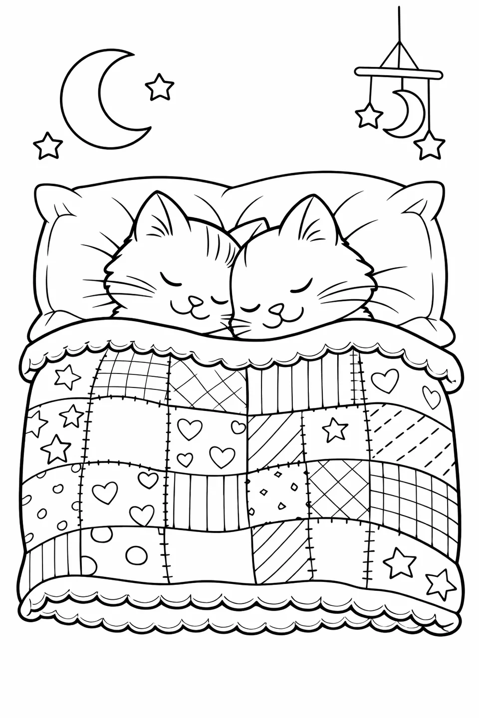 Two cats lying side by side under a patchwork quilt with heads resting together on a pillow and eyes closed