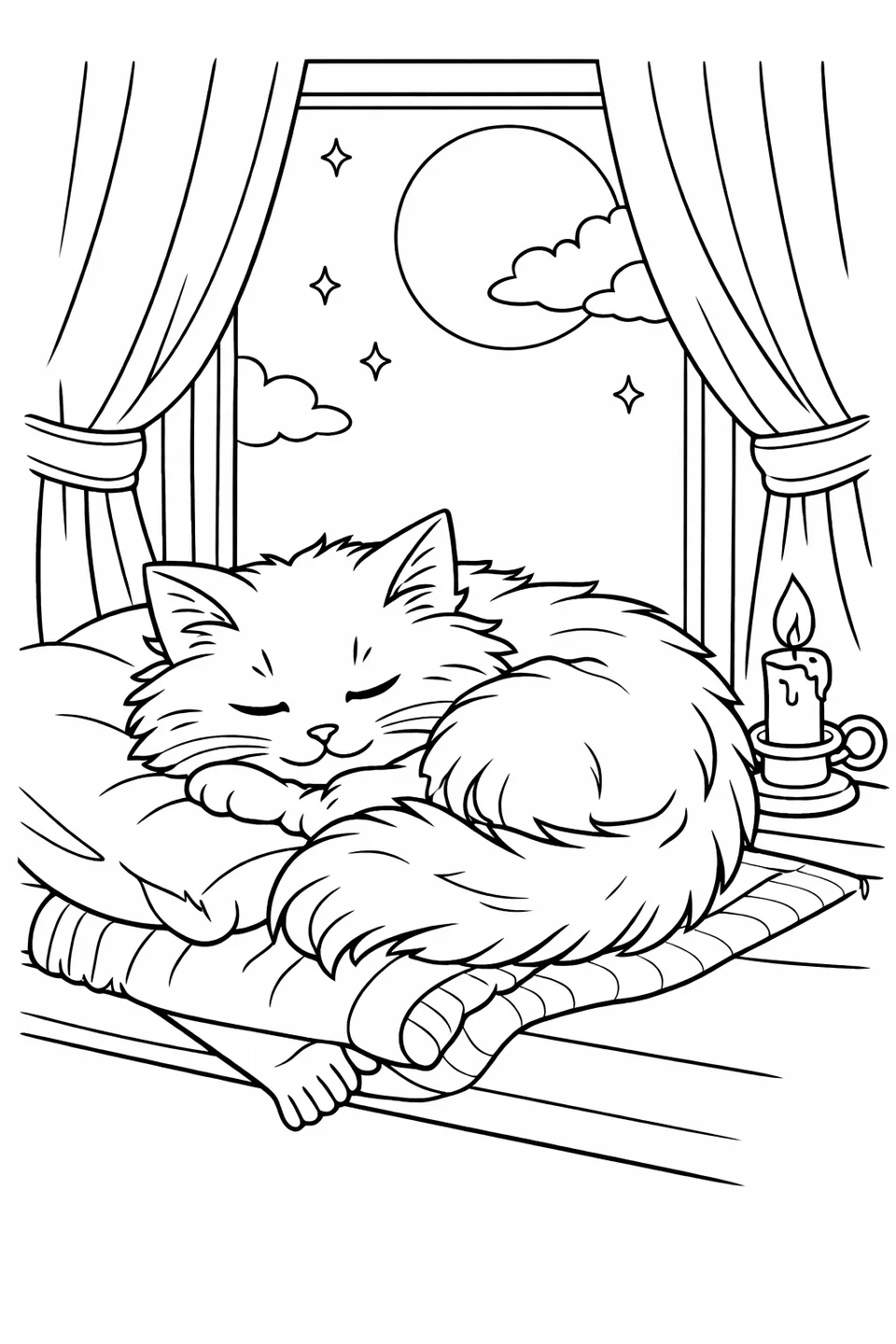 Long-haired cat curled on a window seat with tail around its body and a small candle glowing on the ledge beside it