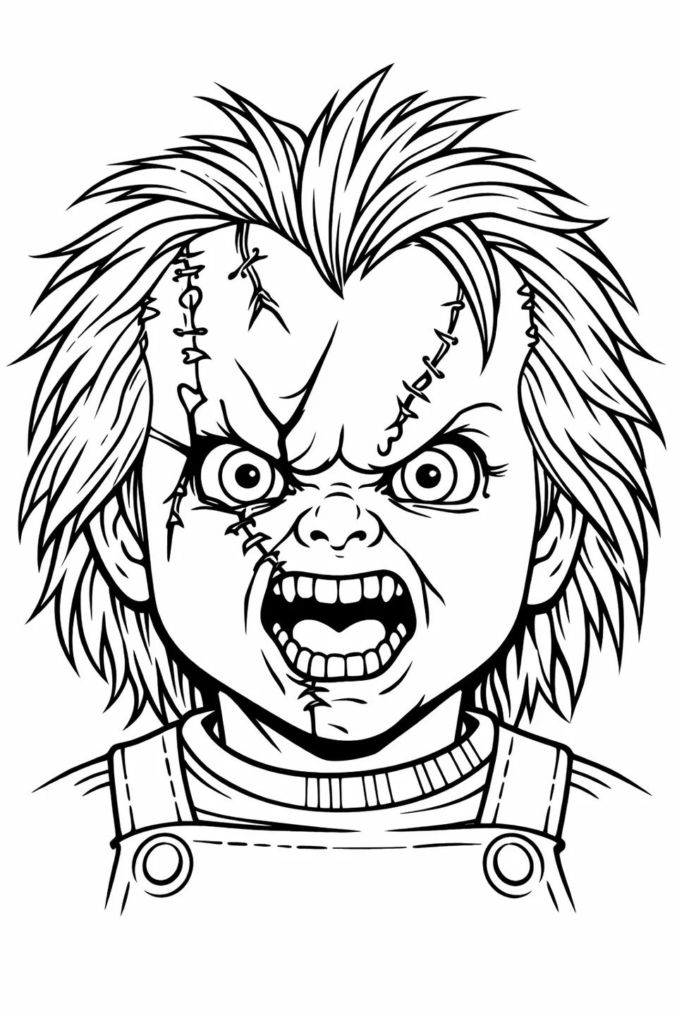 Close-up outline drawing of Chucky the doll's face with red hair, a stitched scar, wide eyes, and open mouth