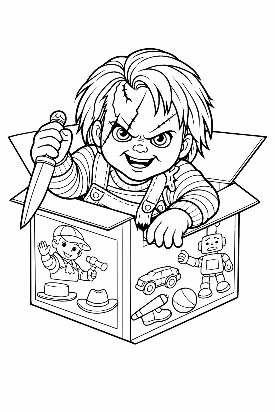 Outline drawing of Chucky the doll emerging from a Good Guy toy box while holding a knife, with the box art visible around him