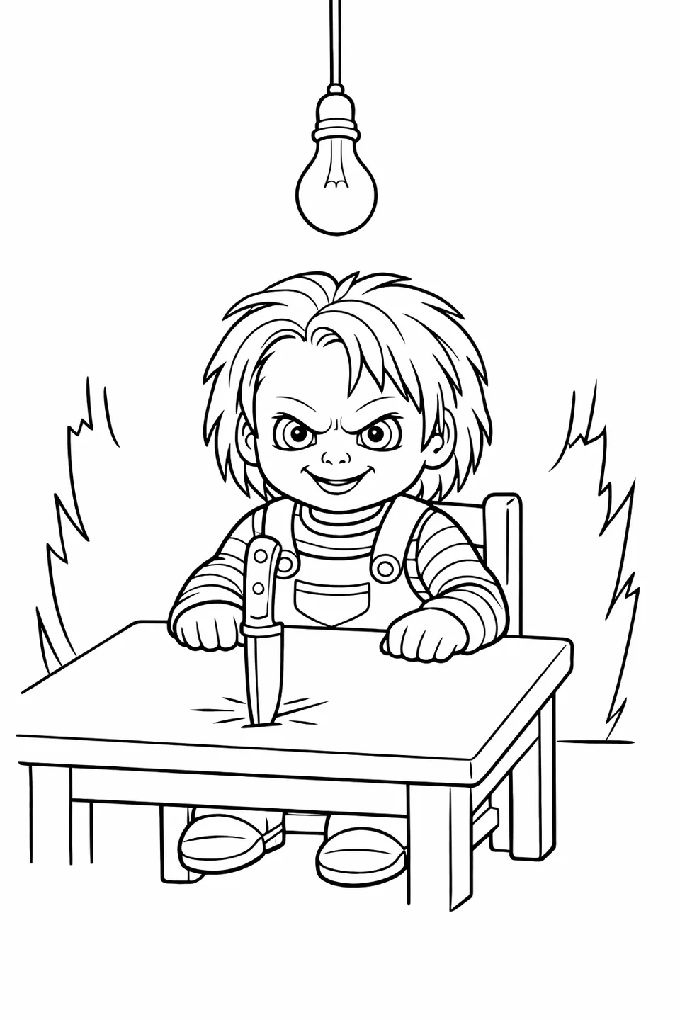 Outline drawing of Chucky the doll seated at a small table with a knife stabbed into the surface and a hanging light bulb above
