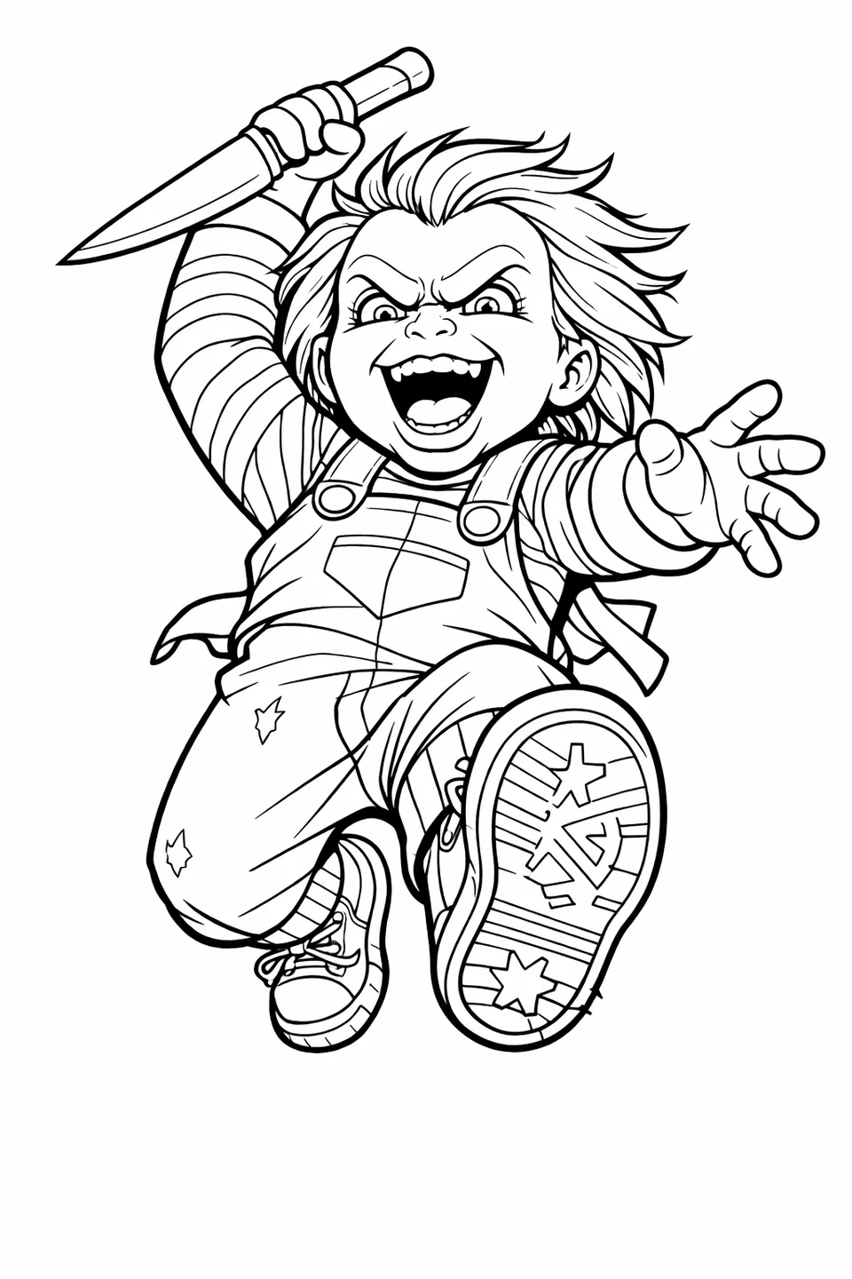 Outline drawing of Chucky the doll running with a knife raised overhead, mouth open and overalls flapping, seen from a low angle
