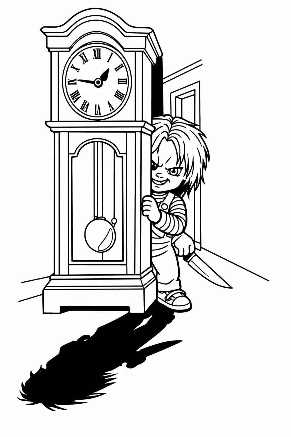 Outline drawing of Chucky hiding behind a grandfather clock in a hallway, peeking around the edge with a knife in hand and a long shadow on the floor