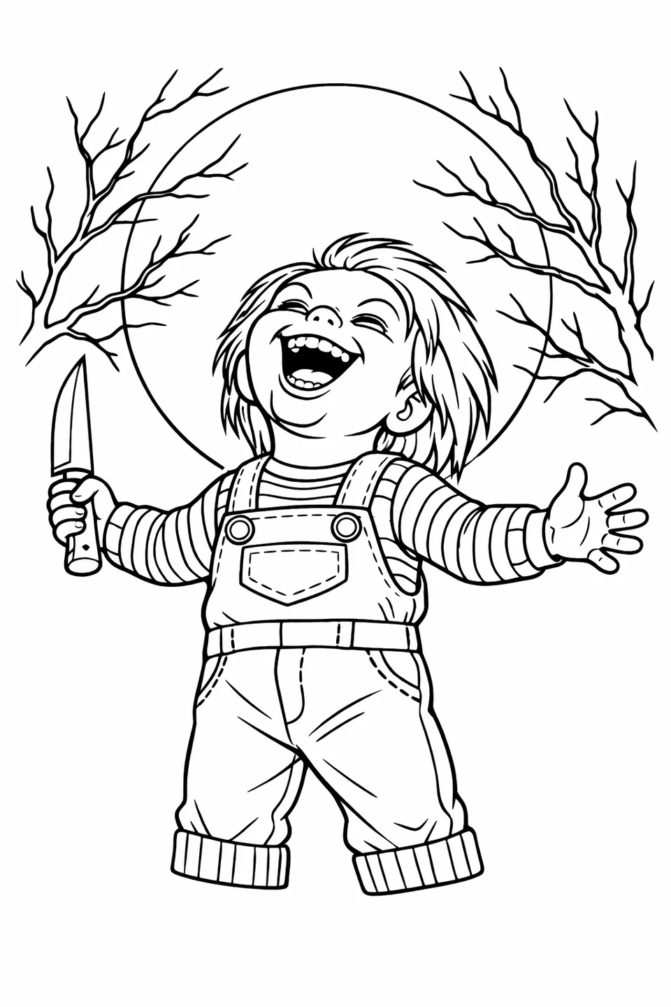 Outline drawing of Chucky laughing with arms spread wide in front of a full moon, bare tree branches silhouetted in the background