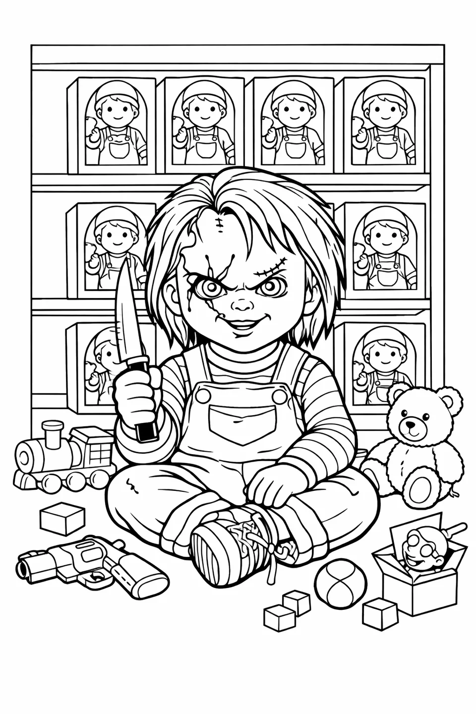 Outline drawing of Chucky sitting cross-legged on a floor surrounded by toys, holding a knife, with doll boxes on a shelf behind him